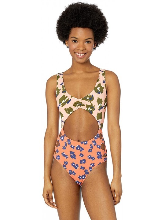 One-Pieces Women's High Leg Lace Side One Piece Swimsuit - Orange//Feline Fine - CF18I5ZQ8K4 $28.76