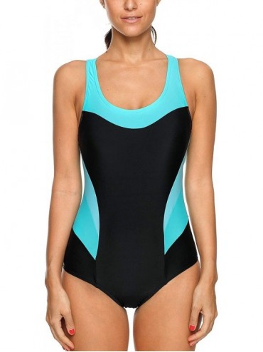 Racing Women's Athletic One Piece Swimsuit Racerback Pro Bathing Suit Swimwear - Black/Aqua - C518KCWHNT3 $24.86