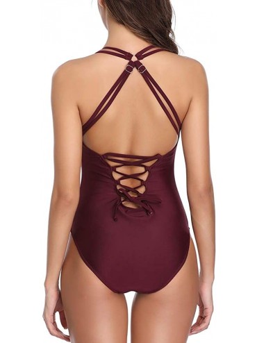 One-Pieces Women One Piece Swimsuit Tummy Control High Waist Bathing Suit - Wine Red - CX18WL533E8 $20.30