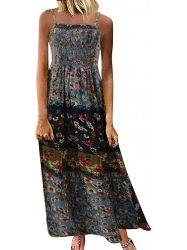 Cover-Ups Women's Dresses-2020 Summer Newest Arrival Plus Size Bohemian O-Neck Floral Vintage Sleeve Long Maxi - Blue - CE18U...