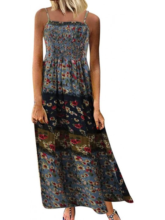 Cover-Ups Women's Dresses-2020 Summer Newest Arrival Plus Size Bohemian O-Neck Floral Vintage Sleeve Long Maxi - Blue - CE18U...