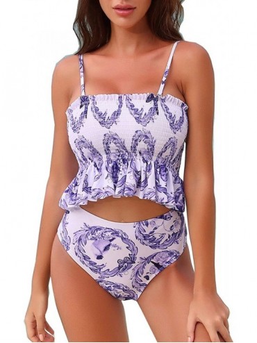 Sets Two Piece Strapless Pleated Bikini Sets Padded Smocked Swimsuit Bandeau Bathing Suit - Purple - CL199SK3DCR $44.02