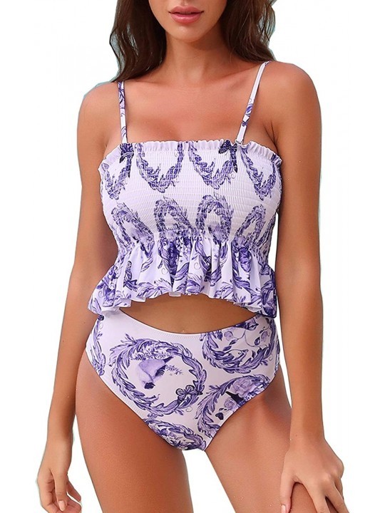 Sets Two Piece Strapless Pleated Bikini Sets Padded Smocked Swimsuit Bandeau Bathing Suit - Purple - CL199SK3DCR $29.15