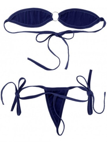 Sets Women's 2 Pieces Bikini Set Bandeau Bra Top and Tie Sides Micro Thongs Swimsuit - Navy Blue - CQ18SC5U86R $14.66