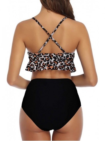 Sets Women High Waisted Bikini Flounce Two Piece Swimsuits V Neck Printed Bathing Suit - Leopard Print - CF194IZXSY0 $26.41