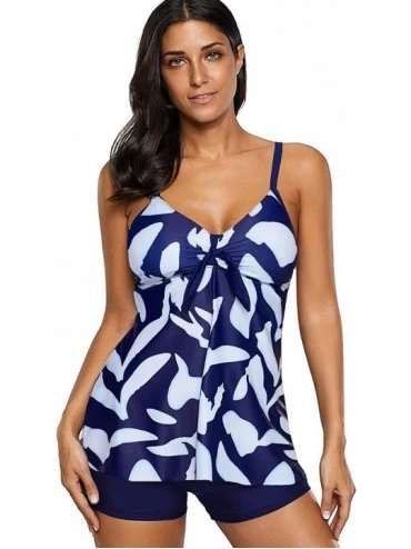 Tankinis Women Athletic Underwire Push Up Tankini Top Swimsuit with High Waist Boyshort - Blue Printed - C81900SRQC9 $48.33