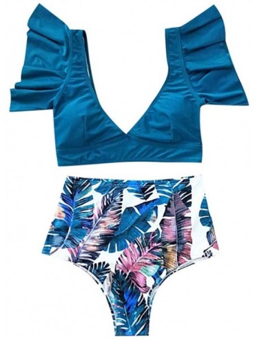 Tankinis Women High Waisted Bikini Set Two Pieces Swimsuits Bathing Suits Ruffled Flounce Top Swimsuit Beachwear - Blue - CS1...