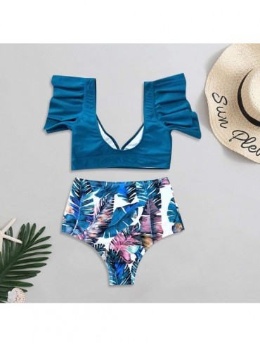 Tankinis Women High Waisted Bikini Set Two Pieces Swimsuits Bathing Suits Ruffled Flounce Top Swimsuit Beachwear - Blue - CS1...