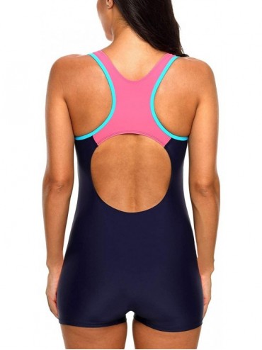 Racing Women Boyleg One Piece Swimsuit Athletic Racerback Swimwear Bathing Suit - Navy/Red Racerback - CM18KNQG8MN $21.48