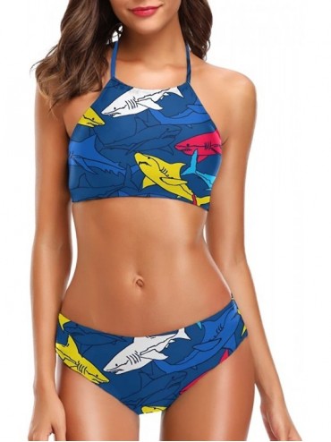 Sets Women's Chic Summer Beach Hot 2 Piece Halter Neack High Waist Padded Sexy Swimsuit - Sharks - CW18EWXTW65 $47.59