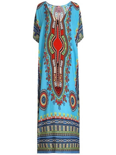 Cover-Ups Women's African Floral Print Maxi Long Dress Bat Sleeves Full Dress Bikini Cover up - Blue - CS18G0L0HC3 $32.46