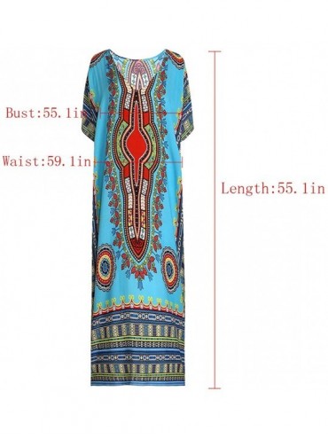 Cover-Ups Women's African Floral Print Maxi Long Dress Bat Sleeves Full Dress Bikini Cover up - Blue - CS18G0L0HC3 $19.12
