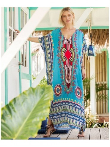 Cover-Ups Women's African Floral Print Maxi Long Dress Bat Sleeves Full Dress Bikini Cover up - Blue - CS18G0L0HC3 $19.12