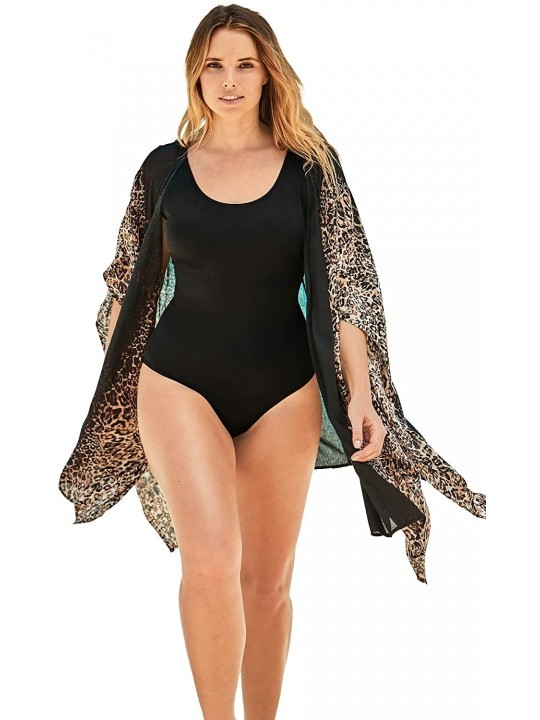 Cover-Ups Women's Plus Size Open-Front Cover Up Swimsuit Cover Up - Black Leopard Animal (1276) - C7193I6LQEC $27.59