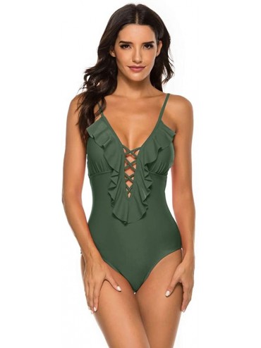 One-Pieces Women's Ruffle One Piece Swimsuit Deep V Neck Plunge Monokini Swimsuit Tummy Control Backless Bathing Suits 02 Gre...