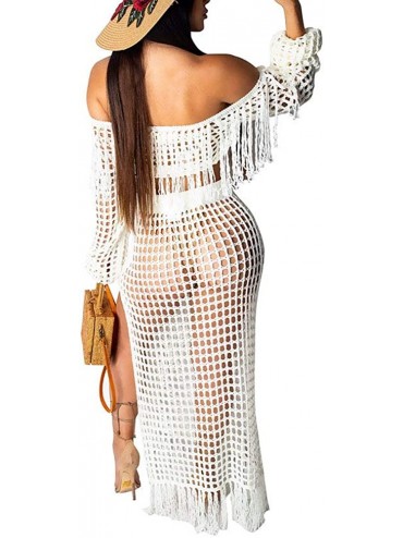 Cover-Ups Womens Sexy Mesh See Through Off Shoulder Long Sleeve Cover Up Two Piece Outfits Crop Top Split Beach Maxi Dress Wh...