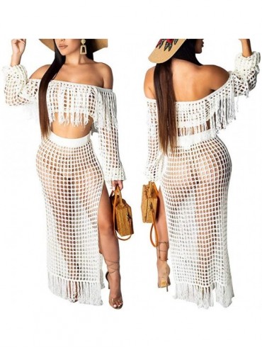 Cover-Ups Womens Sexy Mesh See Through Off Shoulder Long Sleeve Cover Up Two Piece Outfits Crop Top Split Beach Maxi Dress Wh...