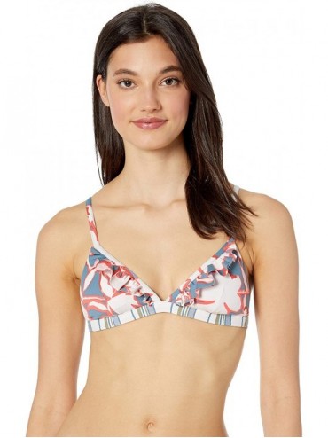 Tops Women's Fixed Triangle with Ruffle Bikini Top Swimsuit - Paper Flower Delight White Geo/Stripe - CA18QUTZ0OT $84.18