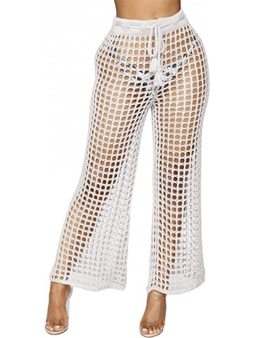 Cover-Ups Womens Cover up Pants Swimwear Sexy Hollow Out Fishnet Crochet Mesh Beach Coverups - White - CY18HHUGQ5Z $57.35