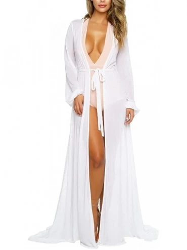 Cover-Ups Women's Mesh Cover Up Long Sleeve Tie Front Swimsuit Beach Maxi Dress - White - CQ18OWGM6LK $39.87