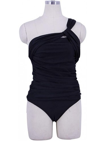 One-Pieces Women Tankini Ruched One Shoulder Tummy Control Top High Neck Swimsuits - Black - CT192HRN4R6 $13.75