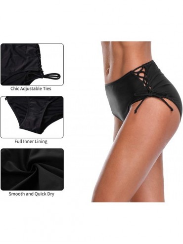Tankinis Women's Bikini Bottoms High Cut Swim Bottom Ruched Swimwear Briefs - Tieside Black - CZ18CL3YWKA $16.12
