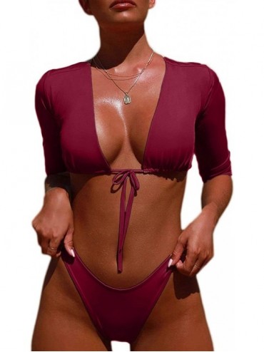 Sets Womens 3/4 Sleeve Tie Front High Waist Thong Bikini Set 2 Piece Swimsuit - Wine - CP18LEI3R7O $11.88