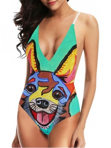 One-Pieces Funny Dog Puppy V-Neck Women Lacing Backless One-Piece Swimsuit Bathing Suit XS-3XL - Design 20 - C718U3CUSM8 $76.05