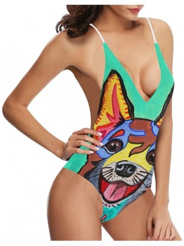 One-Pieces Funny Dog Puppy V-Neck Women Lacing Backless One-Piece Swimsuit Bathing Suit XS-3XL - Design 20 - C718U3CUSM8 $40.56