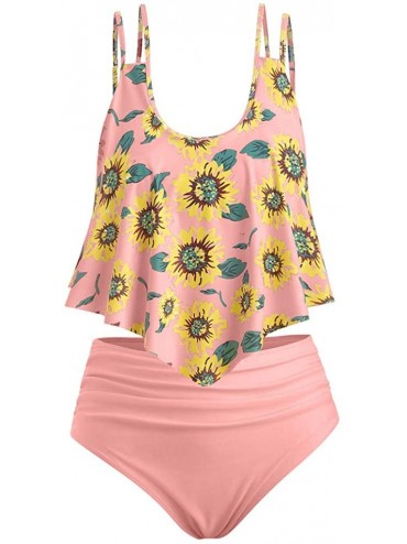 Sets Women Two Pieces Bathing Suits Sunflower Print Top Ruffled High Waist Bottom Tankini Bikini Sets - Pink - CH18TL7T3Z8 $1...