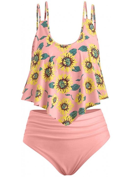 Sets Women Two Pieces Bathing Suits Sunflower Print Top Ruffled High Waist Bottom Tankini Bikini Sets - Pink - CH18TL7T3Z8 $1...