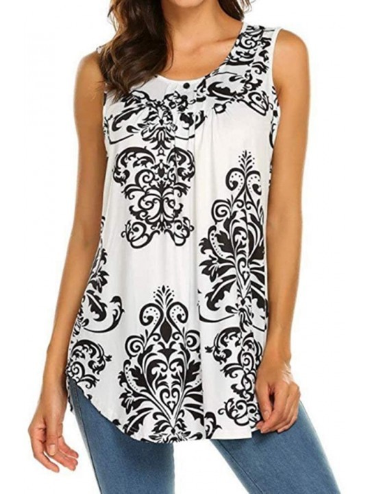 Cover-Ups Women's V-Neck Short Sleeve Floral Printed Tops Blouse Gauffer Button Loose Tunic Shirt - White Black Floral - CG18...