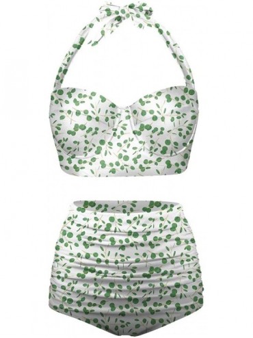 Tankinis Women's Halter Summer Bright Floral Print Funny Swimsuits High Waisted Bikini Set - White+green-4 - CA196D3NT2U $66.58
