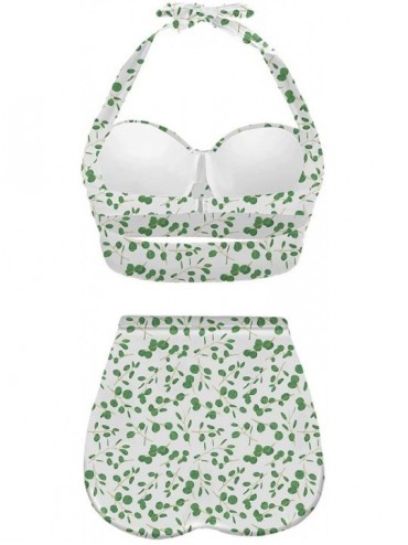 Tankinis Women's Halter Summer Bright Floral Print Funny Swimsuits High Waisted Bikini Set - White+green-4 - CA196D3NT2U $30.66