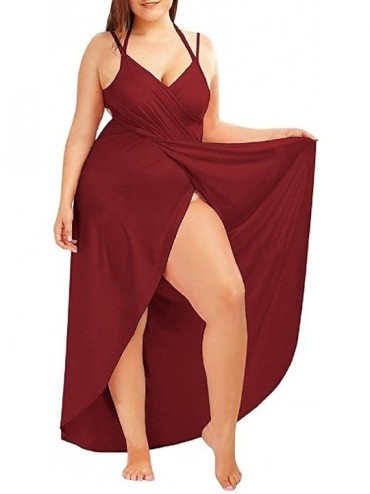 Cover-Ups Plus Size Sexy Women Spaghetti Strap Cover up Beach Backless Wrap Long Dress - Wine Red - CB186OKWGET $23.82