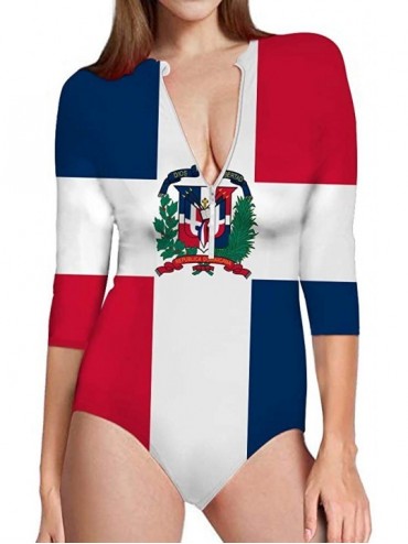 One-Pieces Women's Plunge Deep V Neck One Piece Swimsuit Halter Bikinis Monokinis Dominican Republic Flag Half sleeve Zipper ...