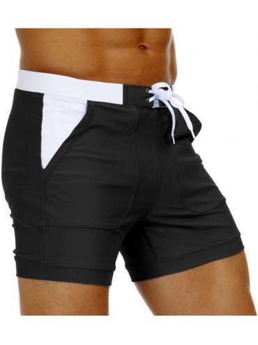 Trunks Men's Swimwear Swimsuits Solid Basic Long Swim Boxer Trunks Board Shorts with Pockets - Black - CD18WEW6TCD $16.41