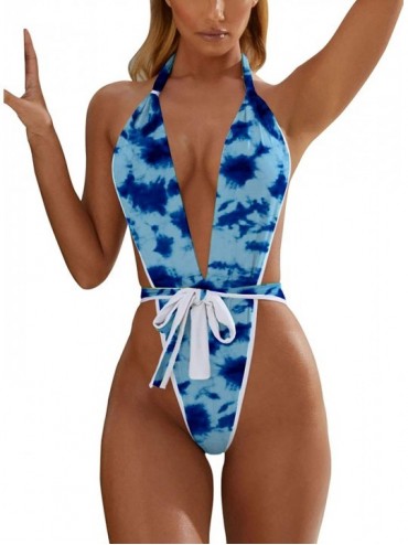 One-Pieces Swimsuits Bathing Suits Womens Sexy Monokini Deep V One Piece Semi Thong Bikini Backless Cheeky Swimwear - Tie-dye...