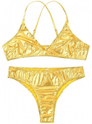 Sets Women 2 Piece Triangle Bikini Set Sexy Shiny Metallic Push Up Swimsuit High Cut Beachwear - Gold - CX18TTS7645 $18.30