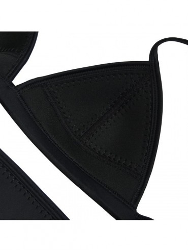 Sets Women Padded Hand Stitch Crochet Bikini Sets Neoprene Swimwear - Black - C617YSXHRLD $28.82