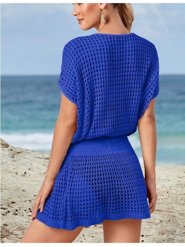 Cover-Ups Women Casual Bikini Swimsuit Cover Up Blouses Beach Tunic Dress One Size - Hollow Out Blue - C318X4SYENL $22.66