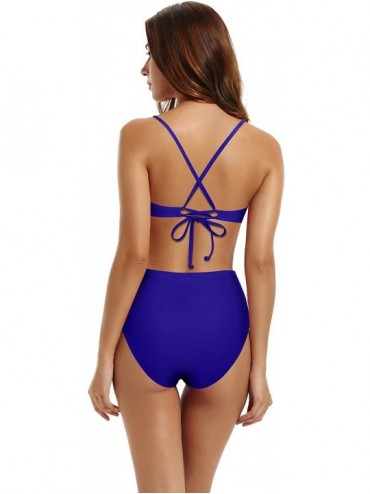 One-Pieces Women's Strappy Cross Back High Waisted One Piece Monokini Bathing Suit - Smouldering Navy - New - CE18R5NU7K4 $23.45
