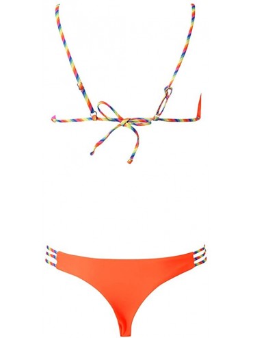 Sets Women Rainbow Bikini Swimsuit Set Push Up Band Swimwear with Lacing Strap Wrap Pad High Waist Bikini Set Orange - CF1962...
