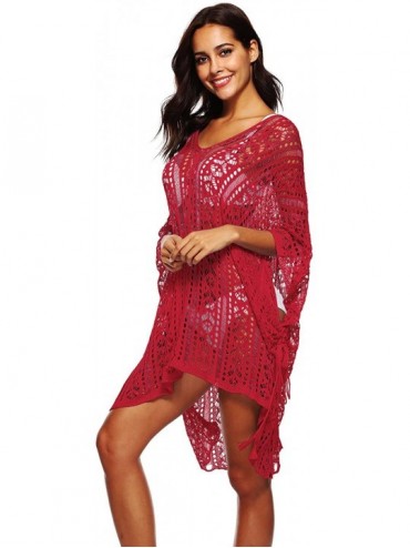 Cover-Ups Women's Summer Beach Dress Splice Swimwear Coverup Plus Size Crochet Tunic Beach Wear - Claret - CJ18GG3TAR6 $12.66