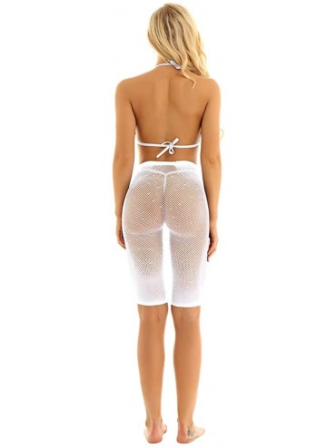Sets Women's Shiny Metallic Bikini Sets Rhinestone Fishnet Swimwear Halter Bra with Slim Booty Shorts - White - CF18TIU5RT3 $...