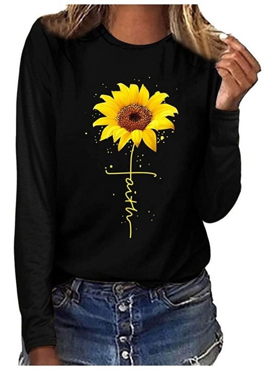 Rash Guards Long Sleeve Round Neck Blouse for Women Casual Sunflower Print Top Tshirt - Black - C018XU8YLTQ $11.81
