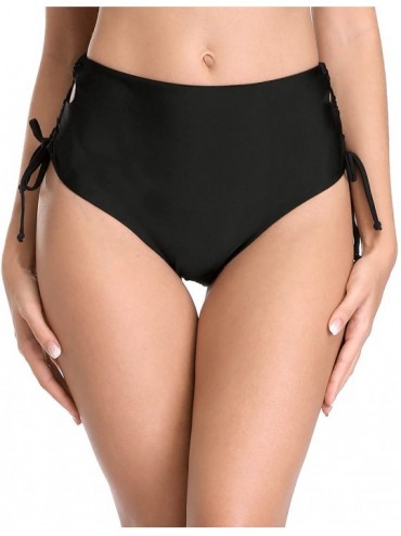 Tankinis Women's Shirred Side Bikini Bottoms Solid Swim Bottom Swimsuit Briefs - Hi Waist/Black - CT18SAM2IU2 $10.25