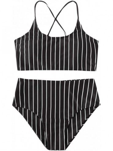 Sets Women's Bathing Suits Striped Criss Cross Bikini Set High Waisted Swimsuits - Black - CA192DZYKX3 $40.47