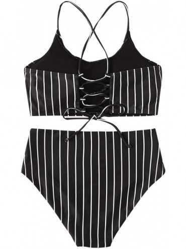 Sets Women's Bathing Suits Striped Criss Cross Bikini Set High Waisted Swimsuits - Black - CA192DZYKX3 $26.28