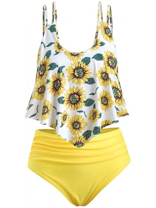 Tankinis Swimsuits for Women Two Pieces Bathing Suits Top Ruffled High Waisted Swimwear Sunflower Print Bottom Tankini Set - ...